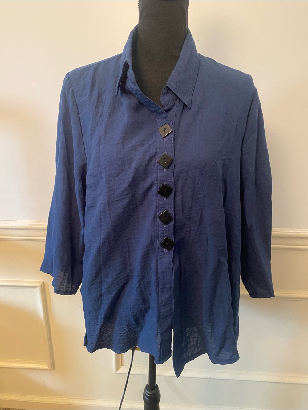 Women's Yushi Navy Chunky Square Button-Front Collared Shirt Boho Made in USA